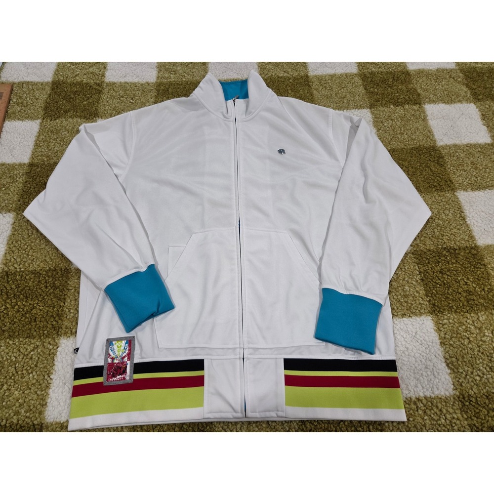 Rocawear Mens 2XL White Track Jacket Full Zip Y2K Logo Teal Accents Striped Hem